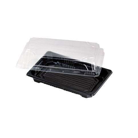 Barquette sushi plastique PS noir avec couvercle PET transparent Suky  170x120mm H40mm