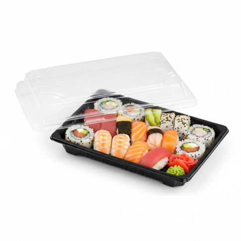 Barquette sushi plastique PS noir avec couvercle PET transparent Suky  170x120mm H40mm