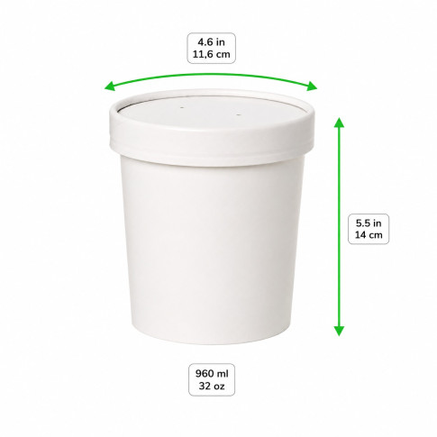 Pot carton blanc chaud et froid avec couvercle carton   H140mm 960ml