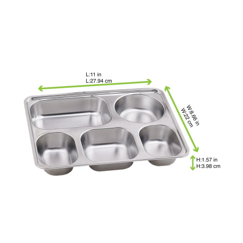 Plateau repas NoxTray en inox 5 compartiments avec couvercle en plastique PP  280x220mm H40mm