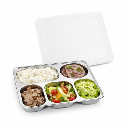 Plateau repas NoxTray en inox 5 compartiments avec couvercle en plastique PP  280x220mm H40mm