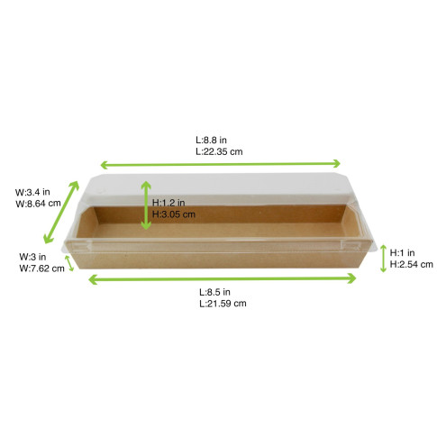 Barquette sushi en carton kraft brun avec couvercle transparent en plastique PET  209x78mm H25mm