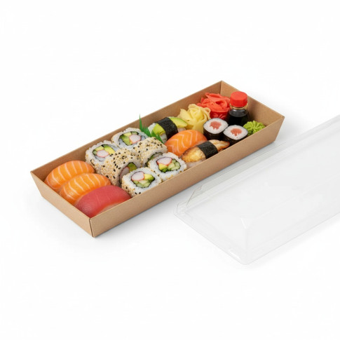 Barquette sushi en carton kraft brun avec couvercle transparent en plastique PET  209x78mm H25mm