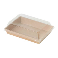 Barquette sushi en carton kraft brun avec couvercle transparent en plastique PET  153x102mm H25mm