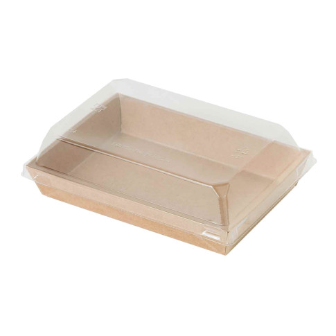 Barquette sushi en carton kraft brun avec couvercle transparent en plastique PET  153x102mm H25mm