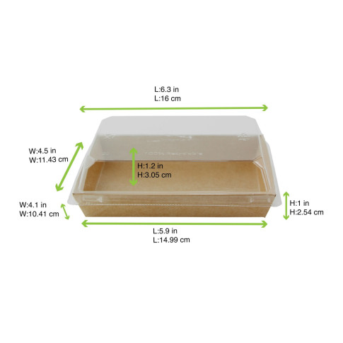 Barquette sushi en carton kraft brun avec couvercle transparent en plastique PET  153x102mm H25mm