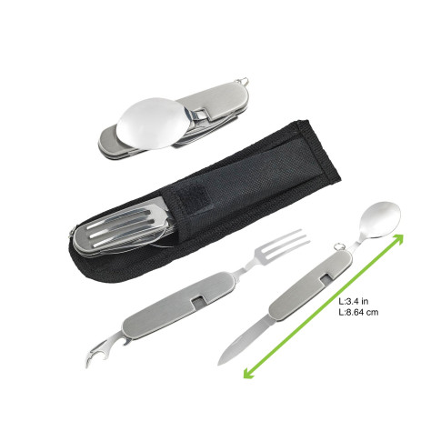 Couverts de poche multifonctions: couteau fourchette cuillère décapsuleur  87x16mm H10mm