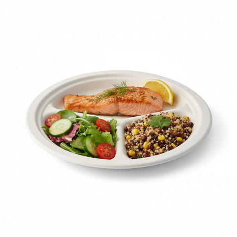 Assiette ronde blanche en pulpe 3 compartiments   H26mm