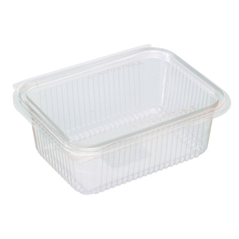Barquette rectangulaire PLA transparente avec couvercle attaché  188x143mm H67mm 1000ml