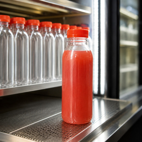 Bouteille transparente en plastique RPET avec bouchon attaché orange  56 H150mm 250ml