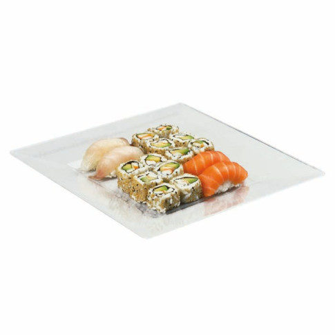 Assiette réemployable plastique PS carrée transparente  280x280mm H40mm