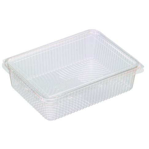 Barquette rectangulaire PLA plate transparente avec couvercle attaché 217x167mm H55mm 1500ml