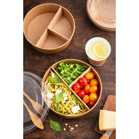 Saladier rond en carton kraft avec couvercle plastique PET Buckaty  H75mm 1200ml