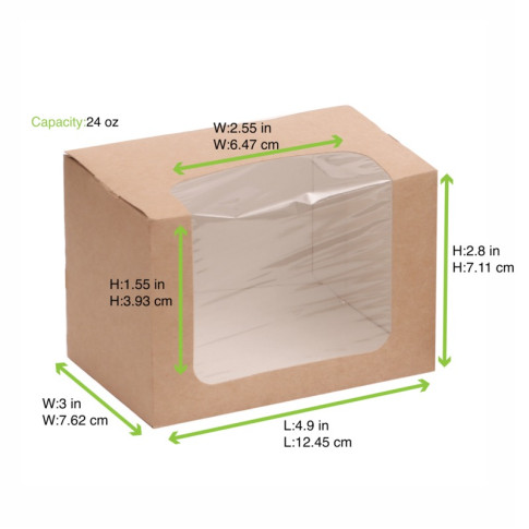 Boite sandwich carton brun fenêtre PLA  125x77mm H72mm