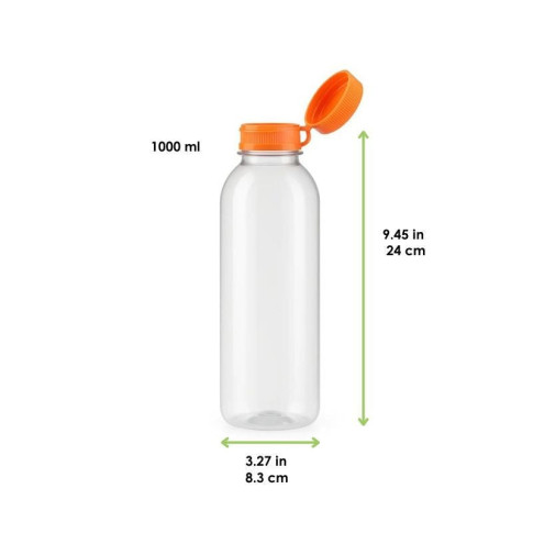 Bouteille transparente en plastique RPET avec bouchon attaché orange   H240mm 1000ml