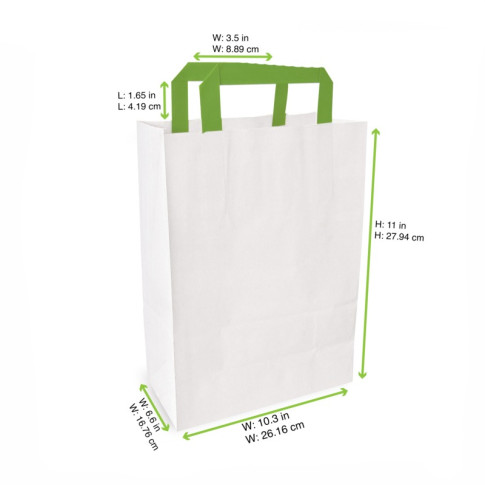Sac cabas papier blanc recyclé anses vertes  260x170mm H280mm