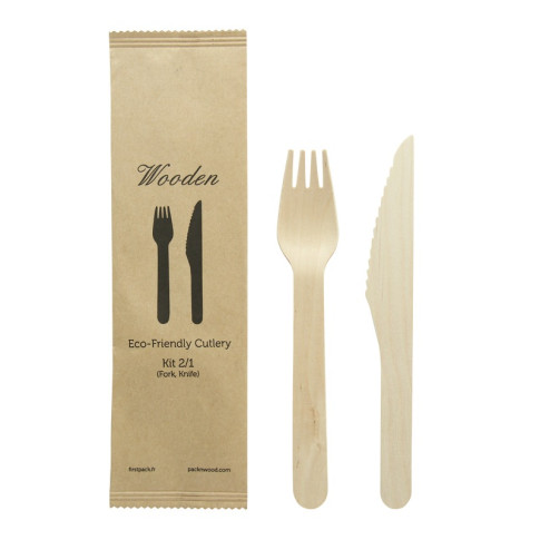 Kit couverts bois 2 / 1: couteau fourchette, emballage kraft   H165mm