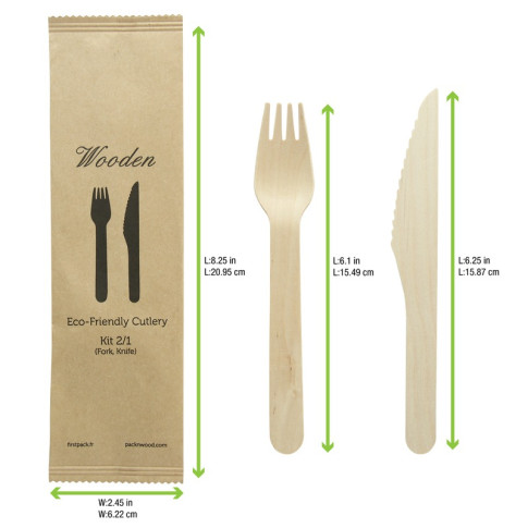 Kit couverts bois 2 / 1: couteau fourchette, emballage kraft   H165mm
