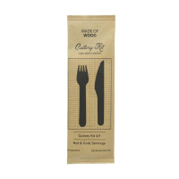 Kit couverts bois 3 / 1: couteau fourchette serviette, emballage kraft   H165mm