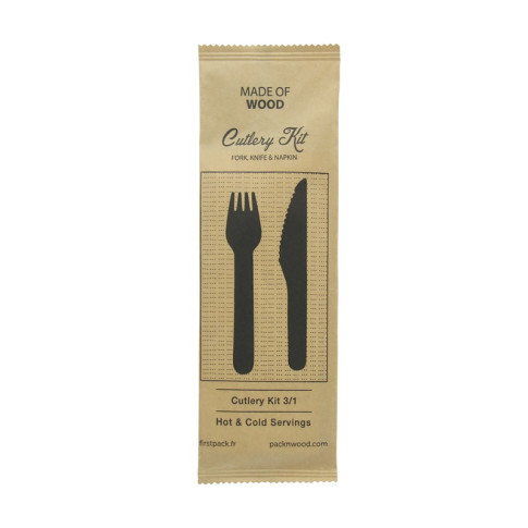 Kit couverts bois 3 / 1: couteau fourchette serviette, emballage kraft   H165mm