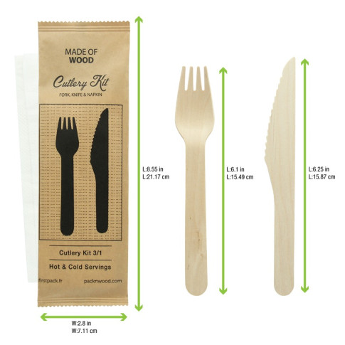 Kit couverts bois 3 / 1: couteau fourchette serviette, emballage kraft   H165mm