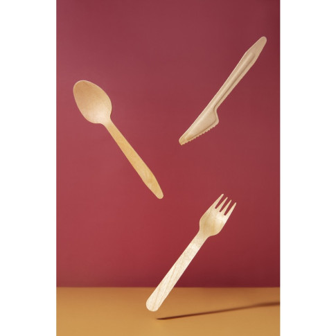 Kit couverts bois 3 / 1: couteau fourchette serviette, emballage kraft   H165mm