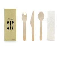 Kit couverts bois 4/1: couteau fourchette cuillère serviette, emballage kraft   H165mm