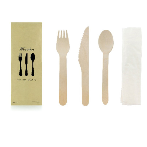 Kit couverts bois 4/1: couteau fourchette cuillère serviette, emballage kraft   H165mm