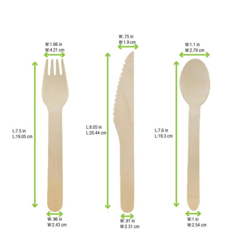 Kit couverts bois 4/1: couteau fourchette cuillère serviette, emballage kraft   H165mm