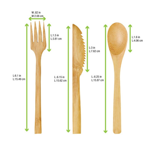 Kit couverts bambou 3/1: couteau fourchette cuillère, emballage transparent   H160mm