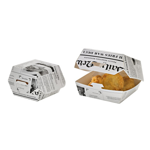 Boite burger carton blanc décor journal  75x75mm H50mm