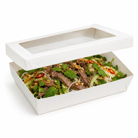 Boite "Kray" rectangulaire carton blanc avec couvercle à fenêtre  225x155mm H55mm 1500ml