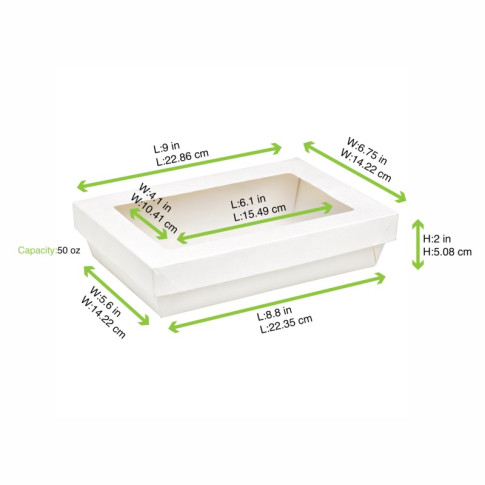Boite "Kray" rectangulaire carton blanc avec couvercle à fenêtre  225x155mm H55mm 1500ml