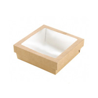 Boite "Kray" carrée carton brun avec couvercle à fenêtre  155x155mm H50mm 950ml