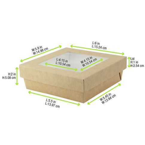 Boite "Kray" carrée carton brun avec couvercle à fenêtre  155x155mm H50mm 950ml