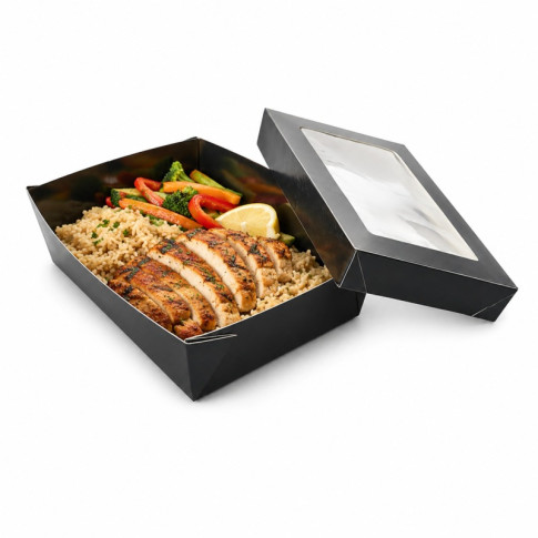 Boîte "Kray" rectangulaire carton noir avec couvercle à fenêtre 225x155mm H53mm