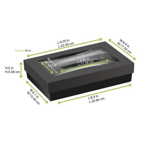 Boîte "Kray" rectangulaire carton noir avec couvercle à fenêtre 225x155mm H53mm