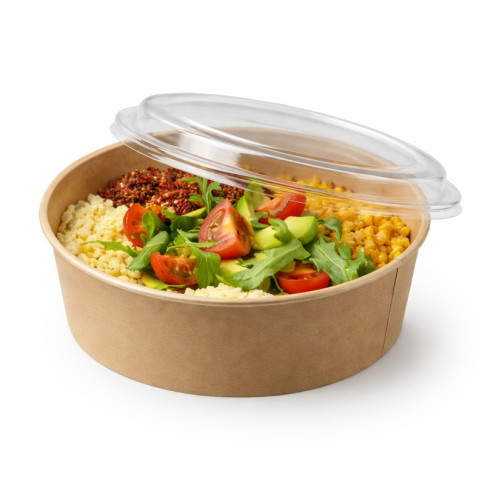 Saladier rond en carton kraft avec couvercle plastique PP "Buckaty"   H65mm 1200ml