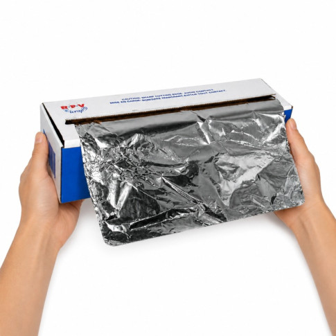 Rouleau de film aluminium de 10 microns, de 45 cm de large et 200 m de long, en boîte carton distrib 500x90mm H90mm
