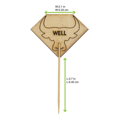 Pique à steak en bambou Rumpy décor tête de taureau, cuisson Well (bien cuit) 54mm H95mm