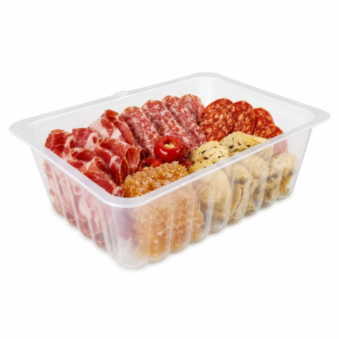 Barquette charcutière rectangle en plastique translucide pour préparation froide, de contenance 500g 143x111mm H49mm 500ml