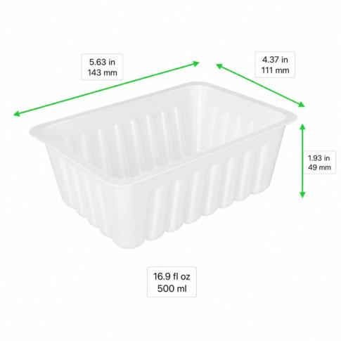 Barquette charcutière rectangle en plastique translucide pour préparation froide, de contenance 500g 143x111mm H49mm 500ml