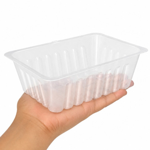 Barquette charcutière rectangle en plastique translucide pour préparation froide, de contenance 500g 143x111mm H49mm 500ml