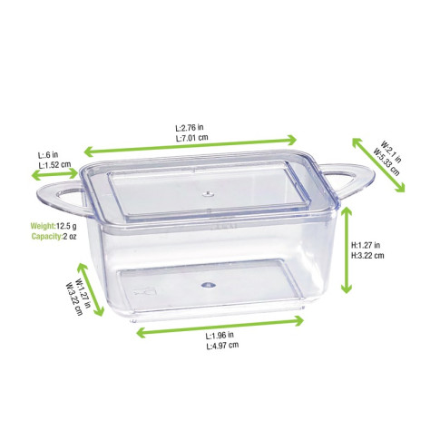 Mise en bouche plastique PS vert rectangulaire transparente avec anses et couvercle "Loukià"  96x50mm H35mm 75ml