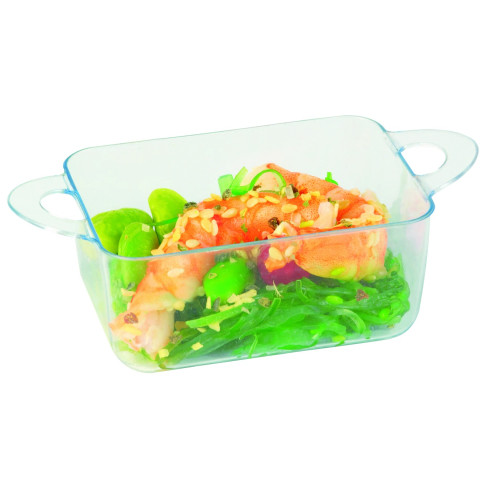 Mise en bouche plastique PS vert rectangulaire transparente avec anses et couvercle "Loukià"  96x50mm H35mm 75ml