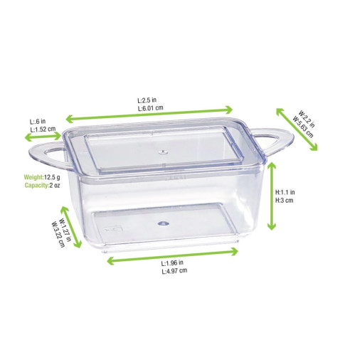 Mise en bouche plastique PS vert rectangulaire transparente avec anses et couvercle "Loukià"  96x50mm H35mm 75ml