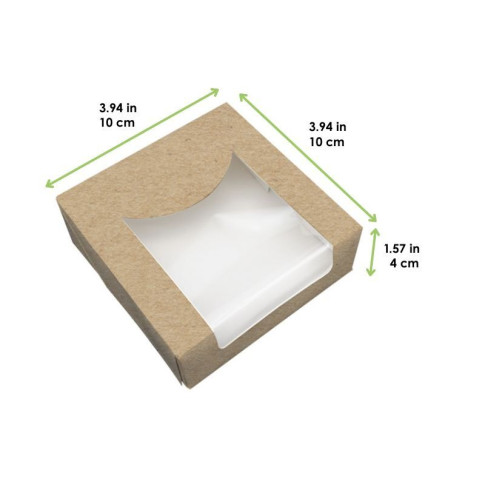 Boite pâtissière carton brun avec couvercle attaché à fenêtre PLA  100x100mm H40mm