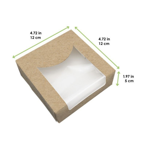Boîte pâtissière carton brun avec couvercle attaché à fenêtre PLA 122x122mm H50mm