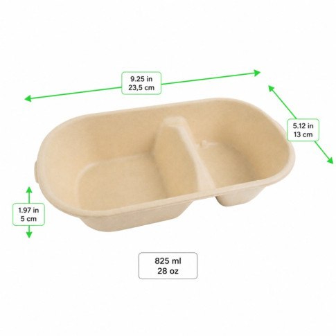 Boîte rectangulaire brune en pulpe 2-compartiments 235x130mm H50mm 825ml