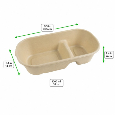 Boîte rectangulaire brune en pulpe 2-compartiments 235x130mm H60mm 1000ml